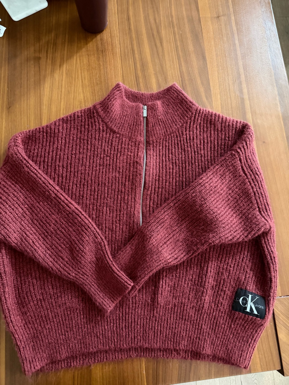 Calvin Klein Women's Wine Ribbed Half-Zip Mock Neck Sweater